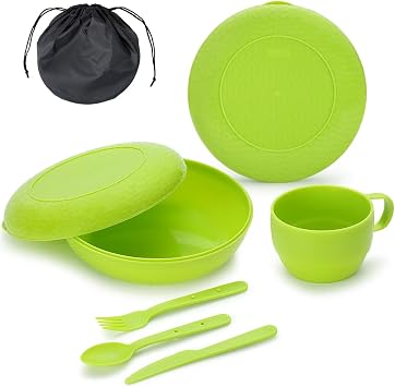 Berglander Camping Mess Kit with Bowl, Plate, Cup, Spoon, Fork, Knife and Carry Bag, Save Space, Easy to Carry, Plastic Camping Essentials Utensils for Travel, Picnic, Outdoor Green