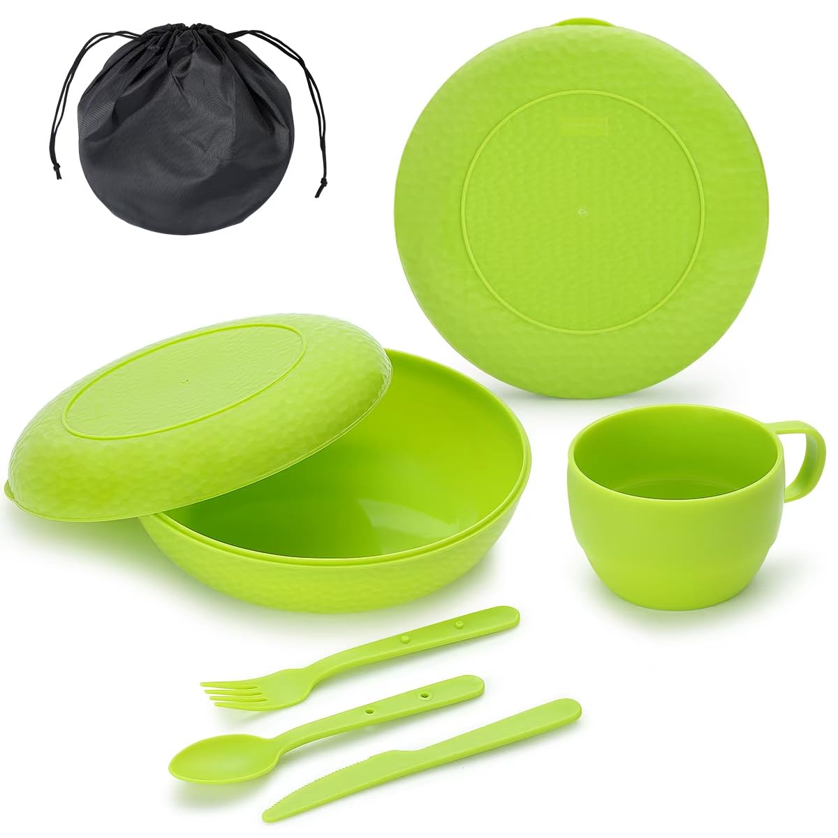 Berglander Camping Besteck Set mit Schüssel, Teller, Tasse, Löffel, Gabel, Messer und Tragetasche, platzsparend, Camping Essentials Utensilien aus Kunststoff für Reisen, Picknick