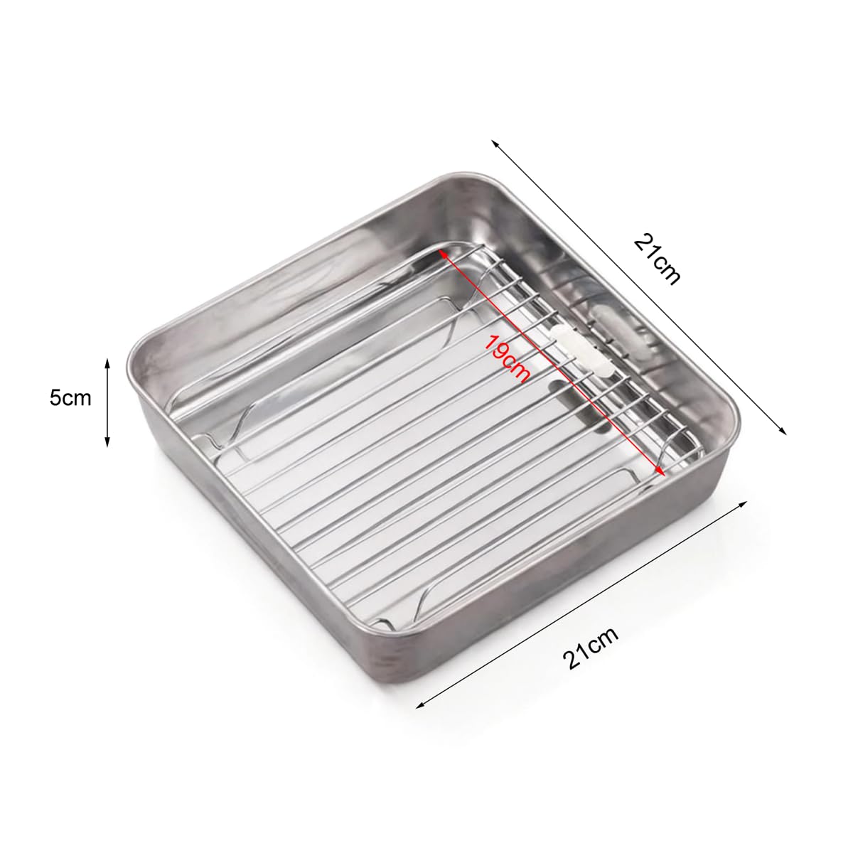 Tortiera Quadrata, Teglia da Forno in Acciaio Inox con Griglia, Teglie per Friggitrice ad Aria, Lavabile in Lavastoviglie, 21 x 21 x5 cm, Argento