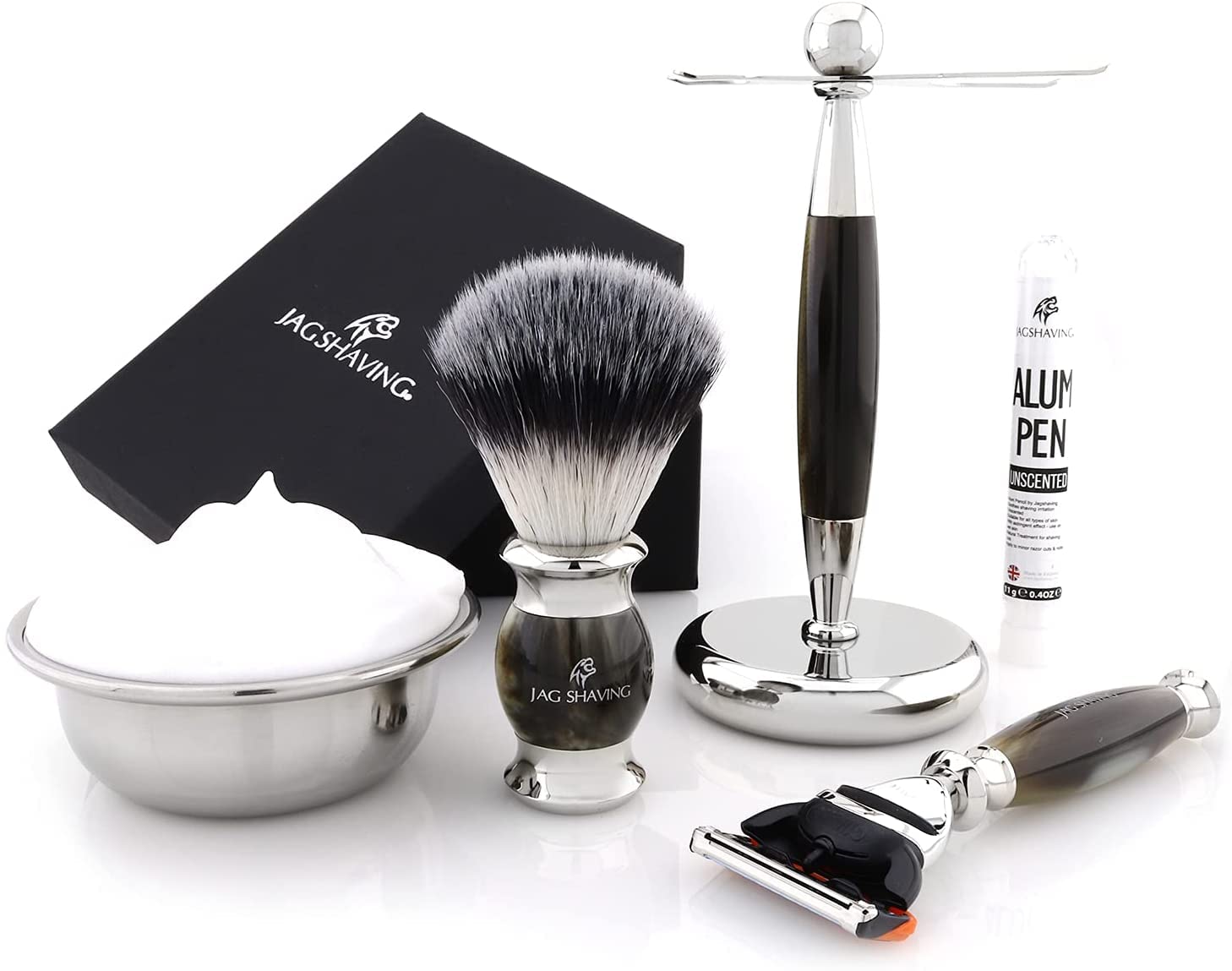 Jag Shaving zestaw do golenia - 4-częściowy zestaw do golenia - JAG's LEE Range - syntetyczny pędzel do golenia - 5 ostrzy do golenia - stojak do golenia - kolor zielony