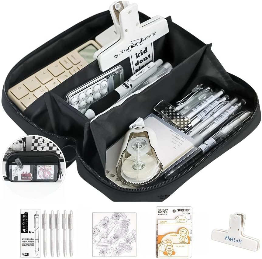 Pencil Pouch with Supplies Volcano Pen Case Desk Organizer Set (black)