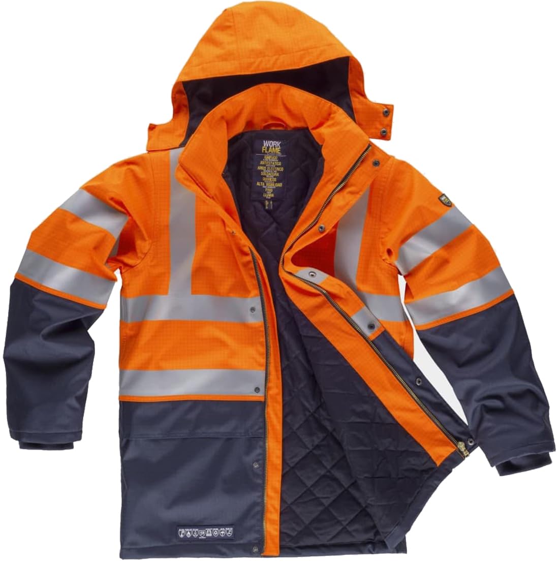 WORKTEAM Parka Ignífuga Alta Visibilidad, Antiestática con Protección Contra Soldadura, Arco Eléctrico, Ambientes Fríos, Lluvia y contra Productos Químicos. Waterproof. Unisex Naranja A.V.+Marino XXL