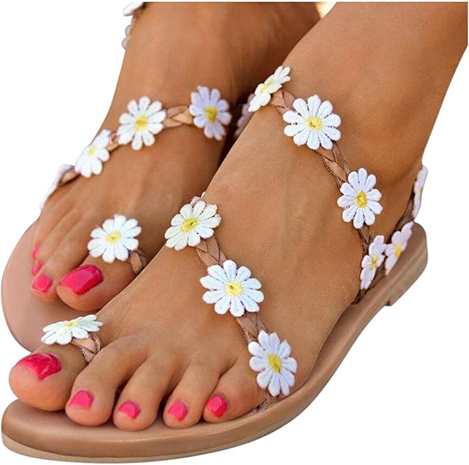 Cookinty Sandals for Women Sunflower Ankle Strap Flip-Toed Flip Flops Flat Sandals Casual Summer 