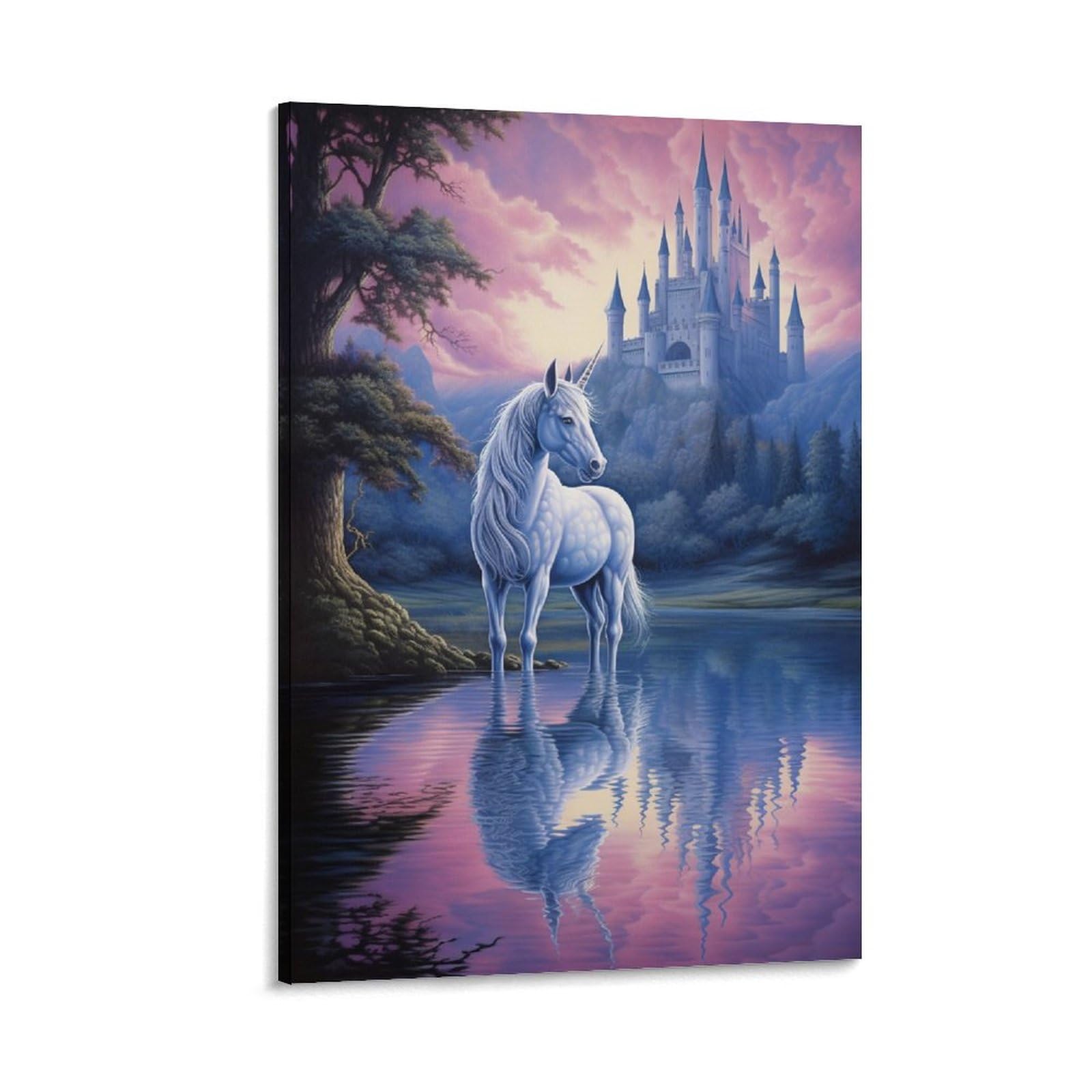 AYAROS White Unicorn Art Poster Prints Pink Sky Fantasy Castle Animal Canvas Wall Decor Artwork for Home Office Framed 08x12 inch