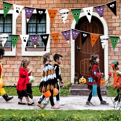 Image of 5 Pcs 49 ft Happy Halloween Banner Indoor Outdoor Halloween Party Decorations Pumpkin Ghost Banner Flags Haunted House Trunk or Treat Backdrop Garland for Wall Mantel Party Favors Supplies