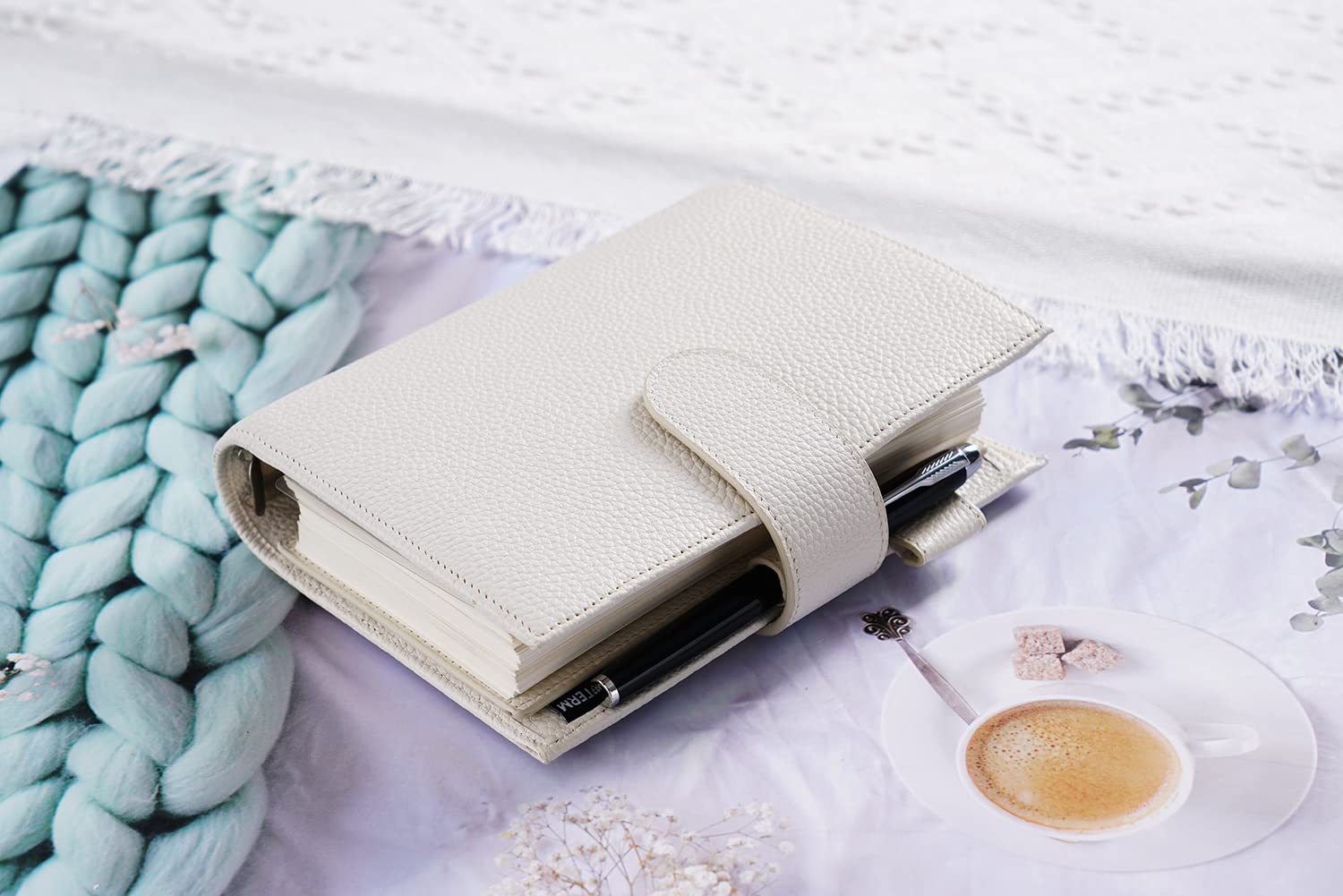 Moterm Planificateur Personnel Luxe Anneaux - Reliure Organiseur en Cuir Véritable (Anneau de 30mm, Crème Galet)