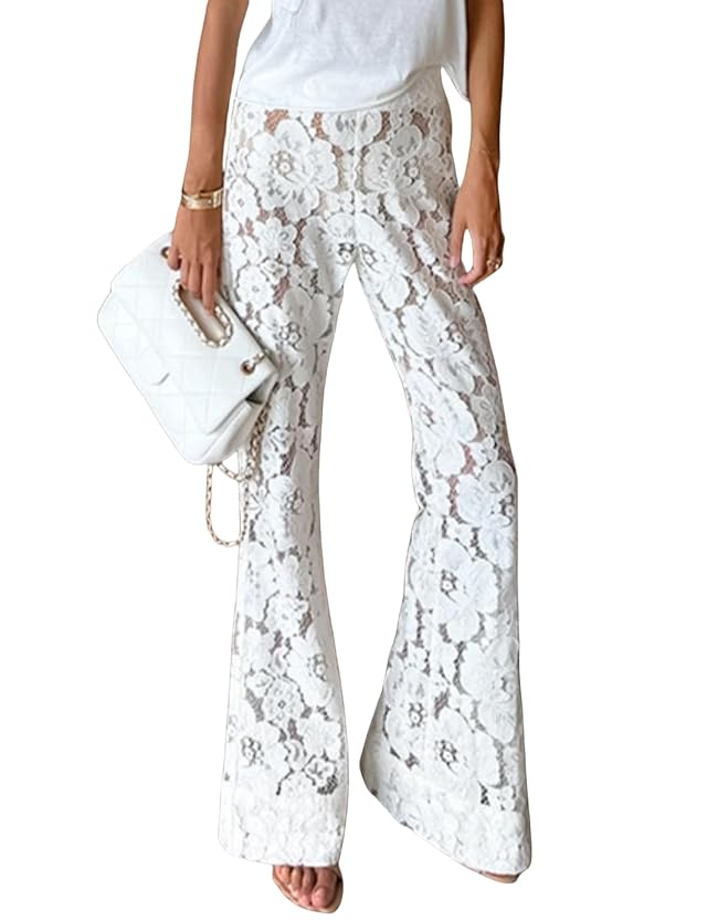 Perbai Womens Y2K Lace Bell Pants Crochet See Through Flare Leggings Floral Embroidered Mesh Beach Trousers