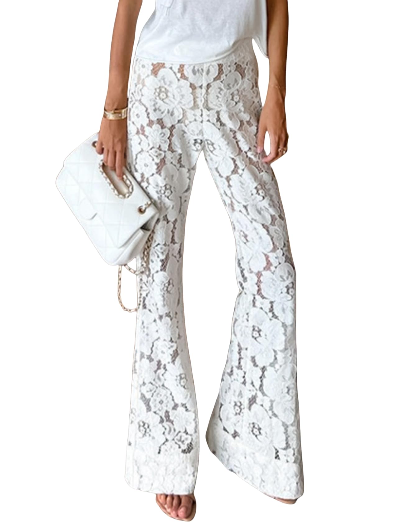 Perbai Womens Y2K Lace Bell Pants Crochet See Through Flare Leggings Floral Embroidered Mesh Beach Trousers
