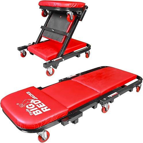 BIG RED ATW4015ZR Torin - Asiento plegable de 40 pulgadas para garajetienda 2 en 1, capacidad de 330 libras, enredadera de perfil bajo con 6 ruedas
