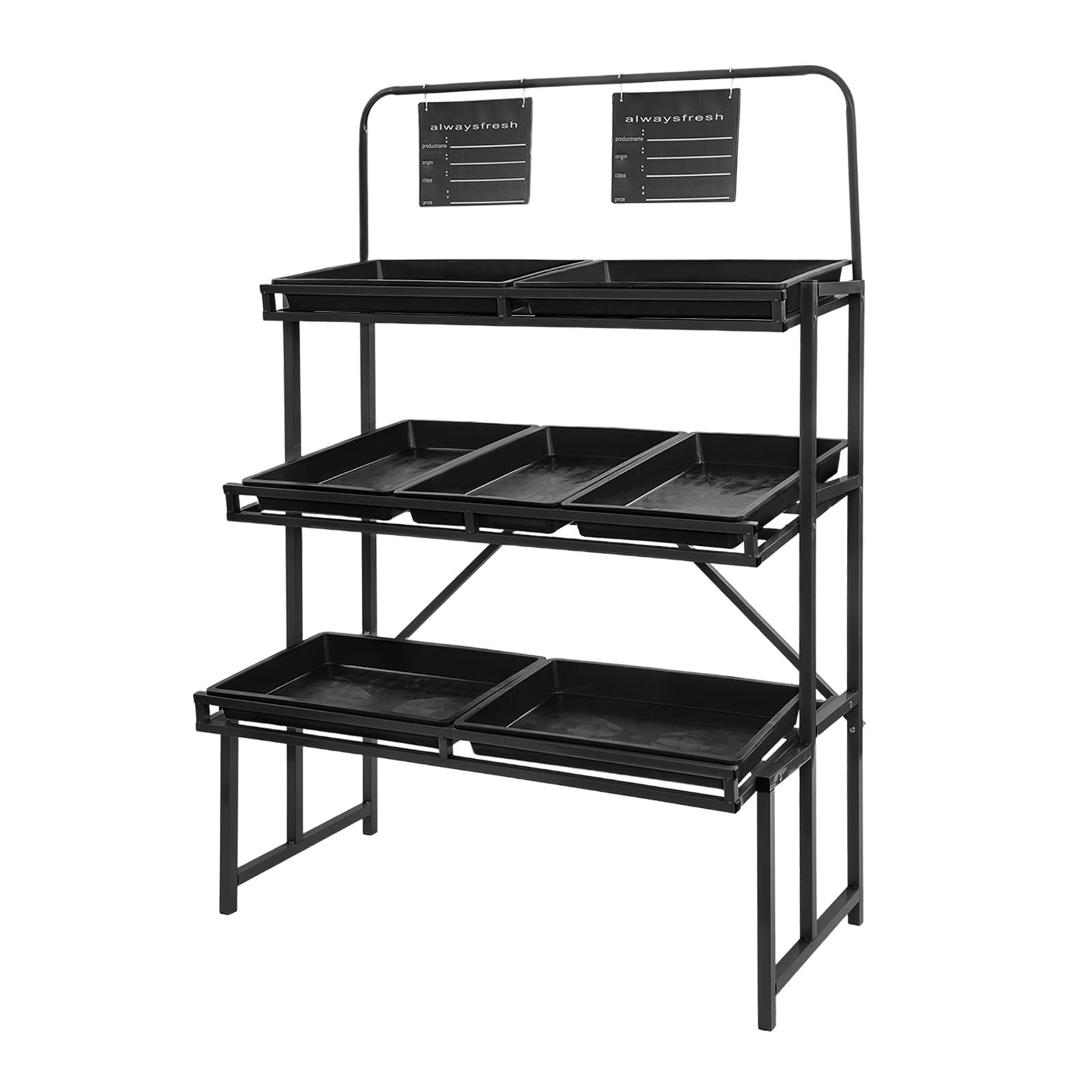 Banborba Black Fruit And Vegetable Storage Rack, 3-Tier Supermarket Retail Display Stand, Free-Standing Fruit Basket Stand, Market Shelf, Snack Rack With 7 Removable Baskets For Kitchen, Shop, Store