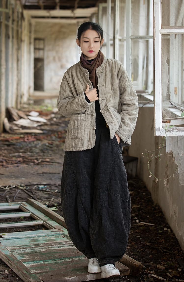 Women's Cotton Short Quilted Coat Autumn/Winter Solid Color Jacket Baggy Long Sleeve Button Top