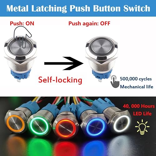 Miniatura 2 de DMWD 2 interruptores de botón de cierre antivandálico de metal impermeable de 0.748 in, carcasa plateada con coleta para orificio de montaje de 34