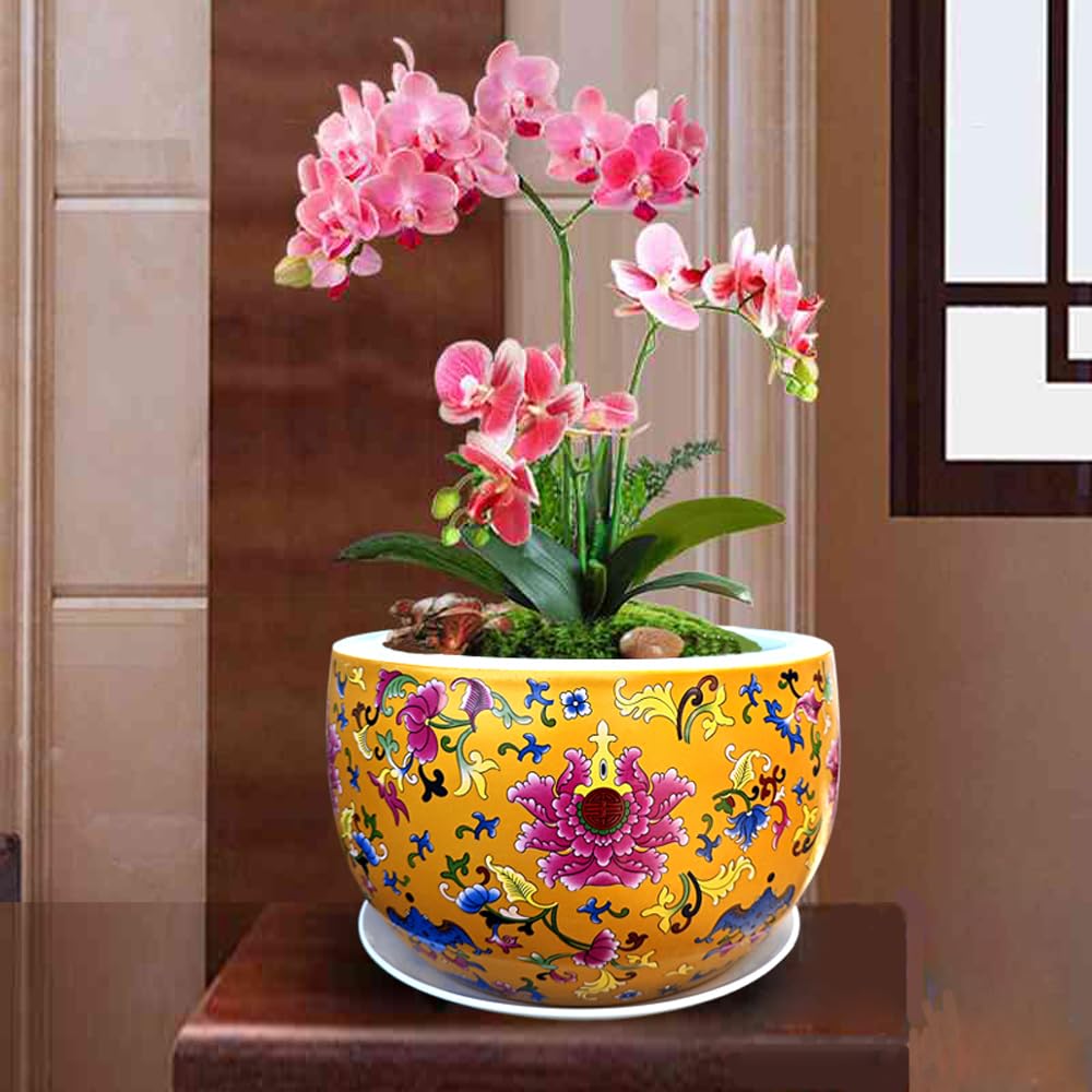 DFGHNBVC Chinoiserie Planter, Cornucopia Flower Pot For Indoor Plants, Oriental Pots For Plants, Oriental Porcelain Chinoiserie Flowerpot, Ceramic Asian Planter,Perforated-25cm x 15cm