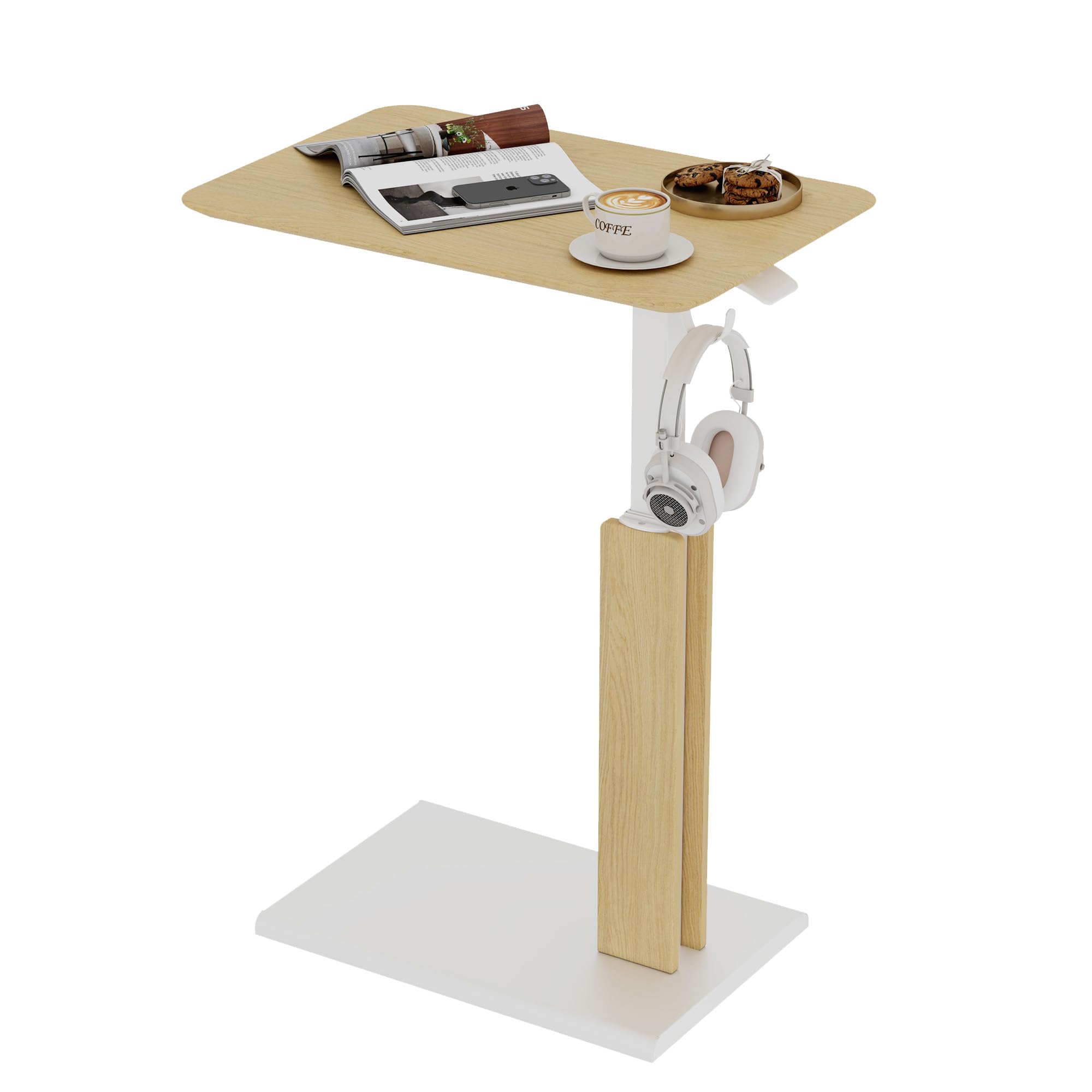 ETHU Height-Adjustable Overbed Table with Casters, 67-101cm Pneumatic Lift Mobile Desk, 20kg Load Capacity with Ultra-Thin Base & Magnetic Hook for Bed, Sofa and Home Office, Oak