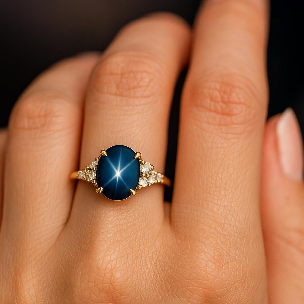 Star Blue Sapphire Engagement Ring for Women in 14K Yellow Gold with Diamond Side Stones Statement Promise Ring Handmade Jewelry Gift for Wife
