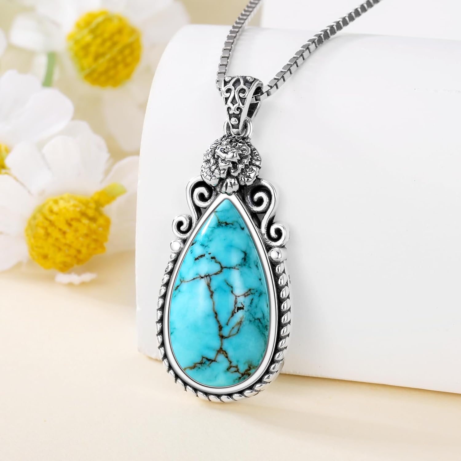 Genuine Turquoise Birth Flower Pendant Necklace, Sterling Silver Vintage Native Western Jewelry Birthdays Gift for Women