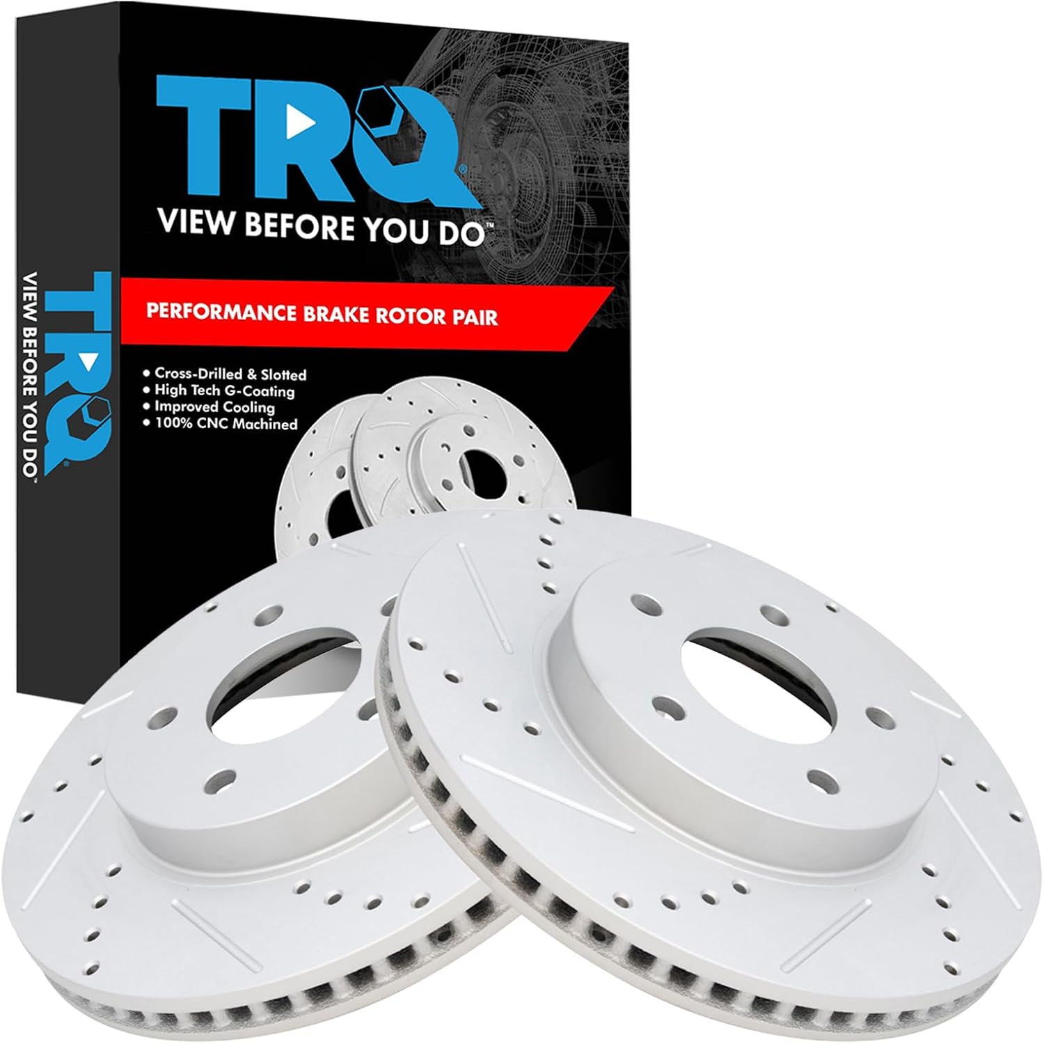 TRQ Front Performance Brake Rotors Set Premium G-Coated Cross Drilled & Slotted Compatible with 2005-2006 Chevrolet Equinox 2006 Pontiac Torrent 2002-2007 Saturn Vue