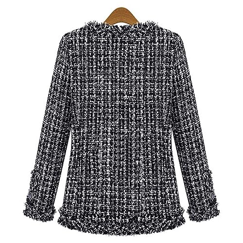 ebossy Women's Elegant Open Front Round Neck Fringed Plaid Tweed Jacket (X-Small, Black)