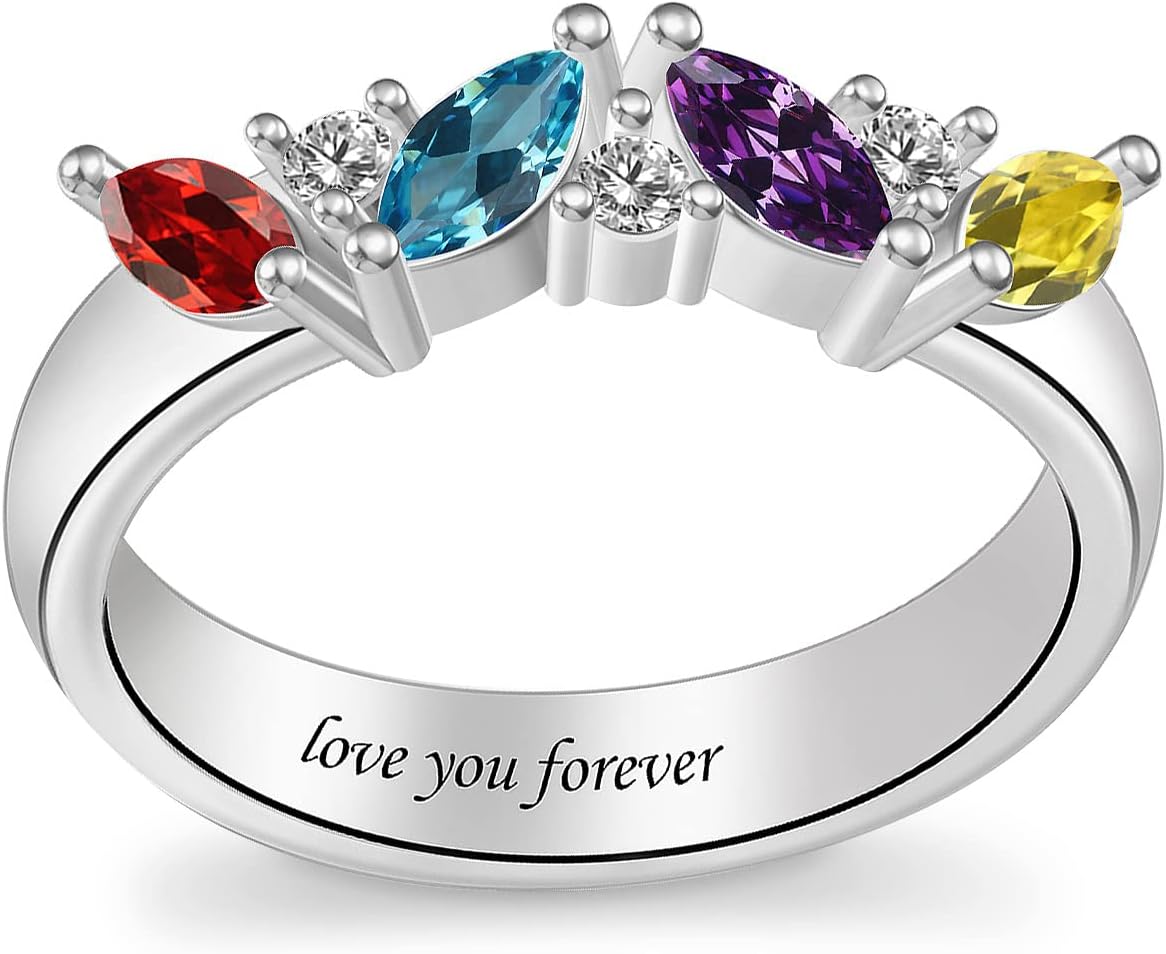 MissNaNa Personalized Birthstone Ring for Women Custom Mother Rings 1-5 Marquise Birthstone Ring Personalized Promise Rings Birthstone Jewelry for Mother’s Day Birthday Christmas