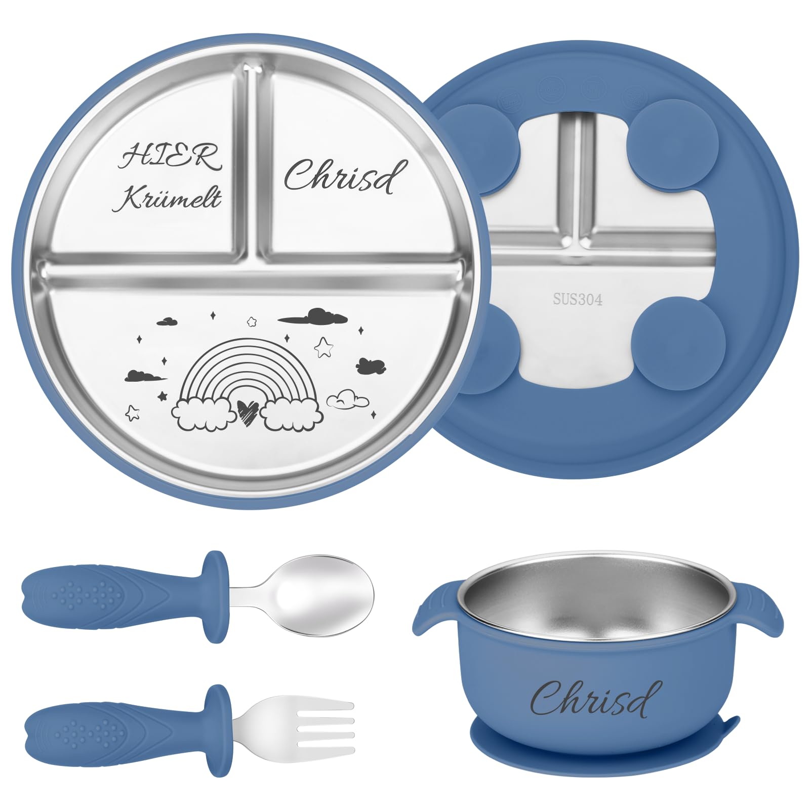NGTSFLY Personalisiertes Baby Geschirrset mit Tiermotiven Namen, Baby Geschenk Junge Personalisiert, Kinderbesteck mit Edelstahl Teller Saugnapf Schüssel Gabel und Löffel Persönliche (Dunkelblau)
