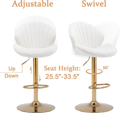 Miniatura 20 de Juego de 2 taburetes de bar giratorios modernos de terciopelo, de altura ajustable, sillas de bar con respaldo de concha, taburetes de isla de Cuero