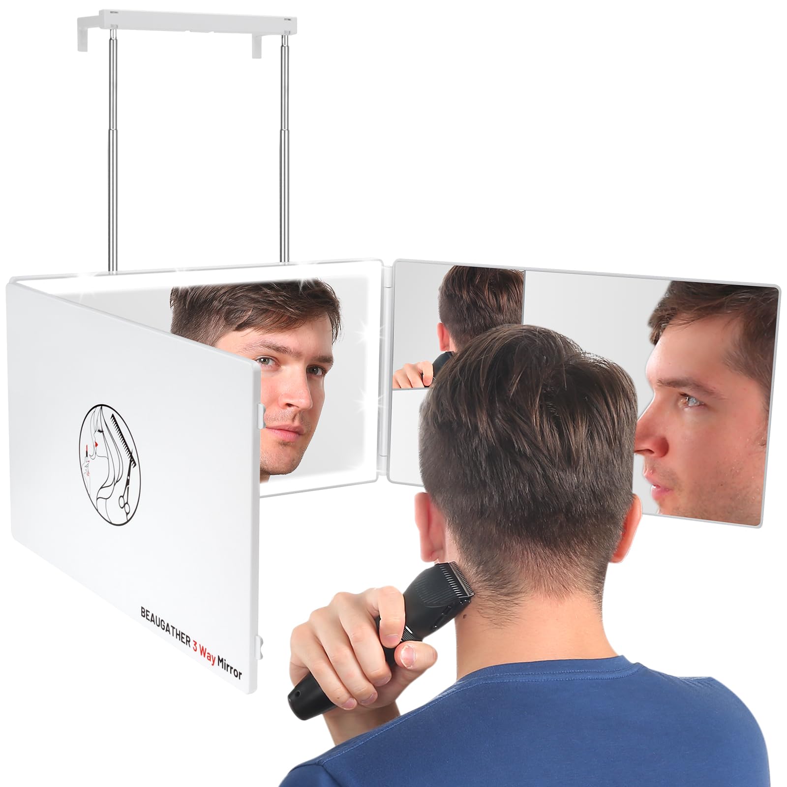 BEAUGATHER Espejo de 3 vías con luz tricolor, espejo de corte de pelo para hombre y espejo de maquillaje de mujer para parejas, espejo de peluquería con luces, espejo de 360 grados con luz y altura