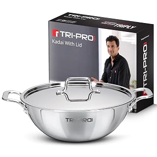 Bergner TriPro Triply Stainless Steel 24cm (3L) Kadai with Stainless Steel Lid, Even Heat Distribution, Consumes Less Oil, Healthy Cooking, Sturdy Handles, Easy to Clean, Induction and Gas Stove Ready