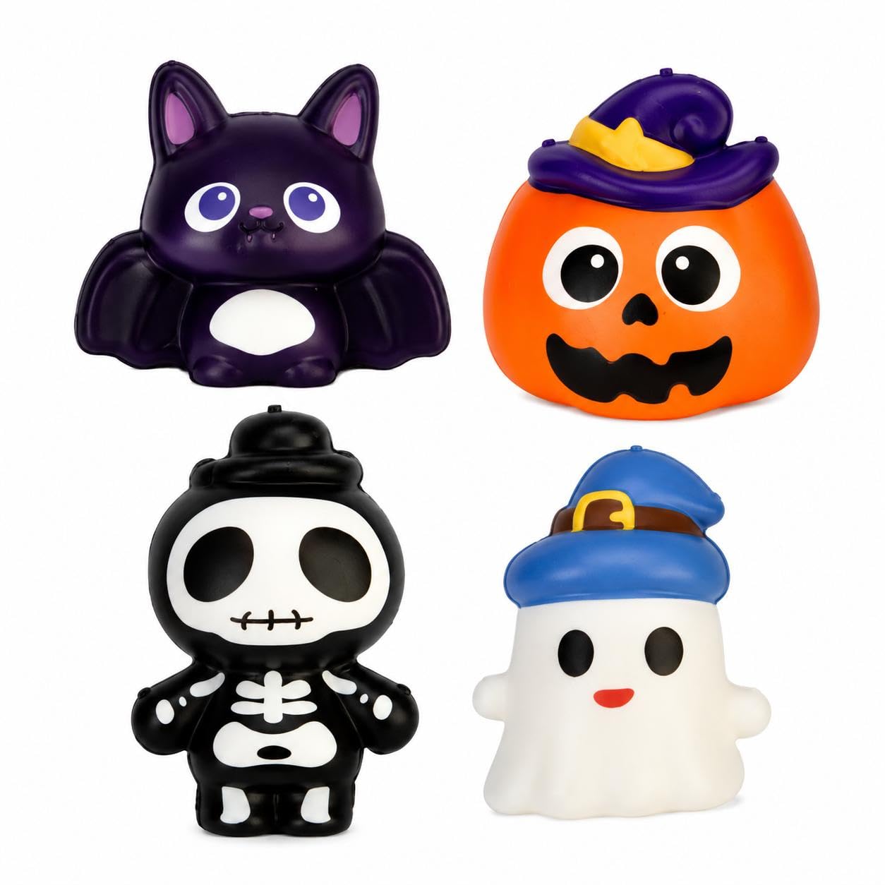 Halloween Squishy Stress Relief Toys Set of 4, Cute Bat Pumpkin Skeleton Ghost Fidget Toys for Kids, Youth & Adults, Slow Rising Sensory Squishy Toys, Anxiety Relief,Trick or Treat Gifts