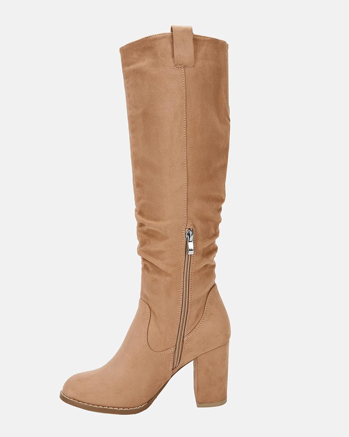 Juliet Holy Women's Knee High Boots Chunky Block Heel Wide Calf Round Toe Side Zipper Fashion Dress Boot Light Brown - Image 5