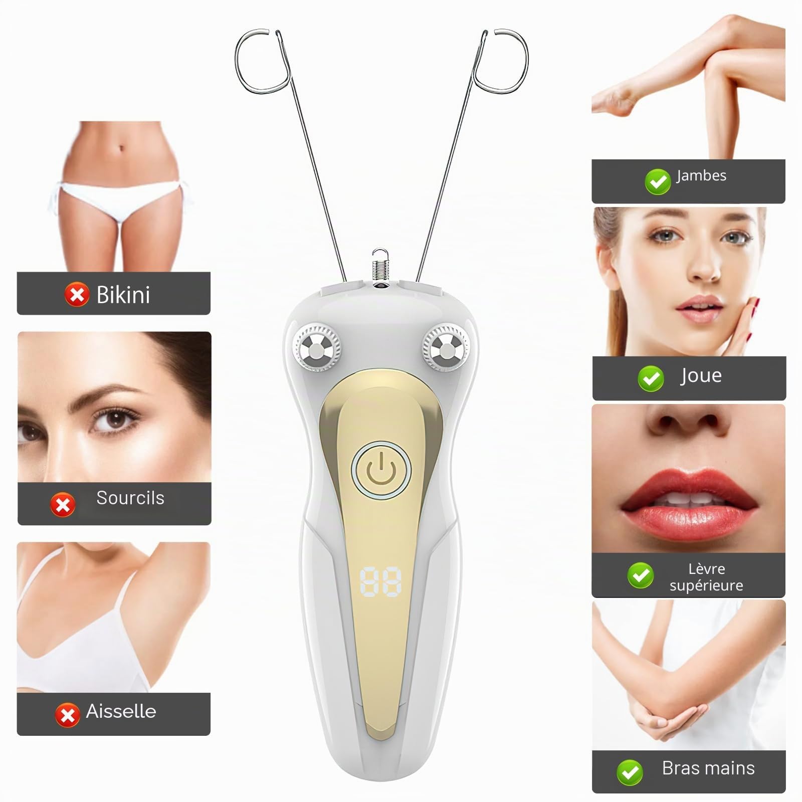 VOSSOT Épilateur électrique pour le visage pour femme, épilateur électrique pour le visage, épilateur USB pour le visage avec LED, épilateur pour le visage pour femme, masseur de visage, rasoir à