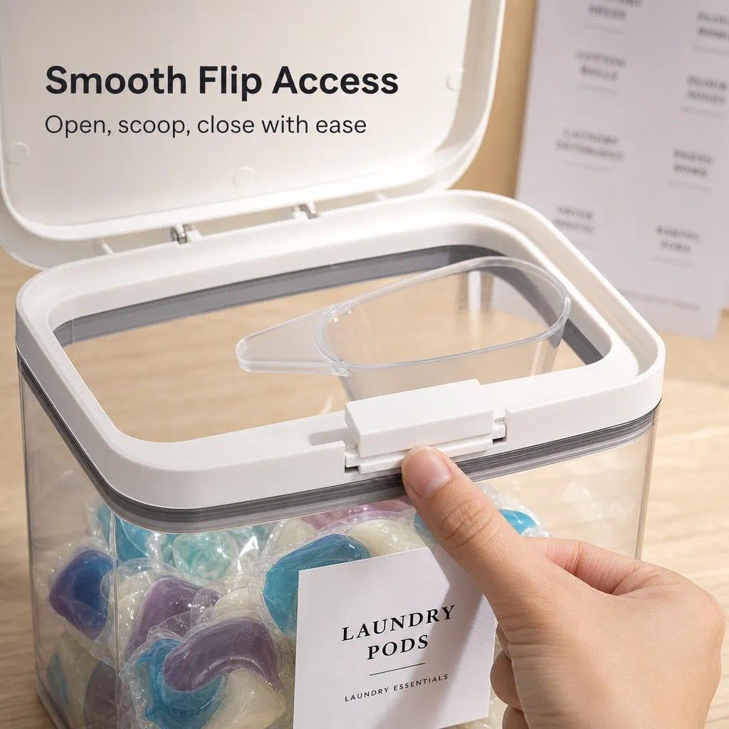 Waschmittel Aufbewahrungsbox 4,5 L mit Klappdeckel, transparenter Behälter aus PET für Waschpods,Waschmittelpulver und Duftverstärker, inkl. Messbecher und Etiketten, 20,5 x 16,6 x 24,5 cm