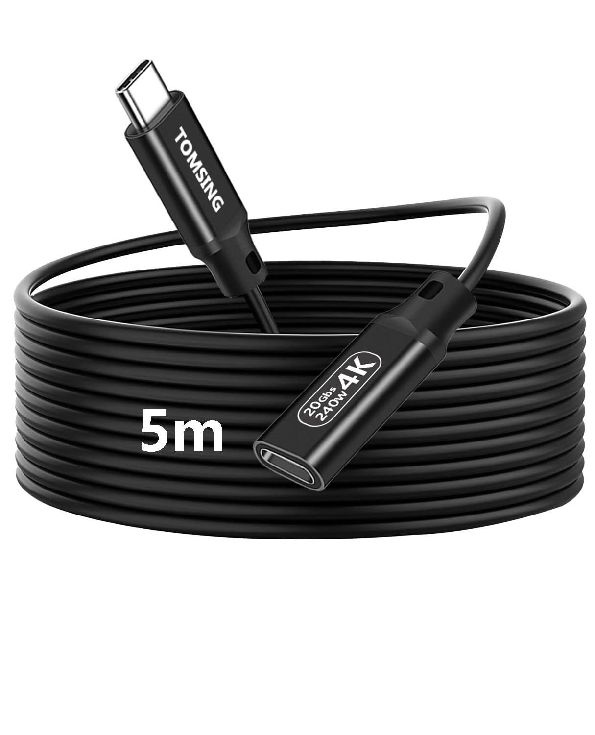 TOMSING usb c 延長ケーブル 5m タイプc 延長コード【PD240W/5A急速充電・20Gbps高速転送・4K@60Hz映像出力】タイプCオスからメス変換 Type C スマートフォン/タブレット/ゲーム機/ノートパソコンのタイプｃ機種に対応 （ブラック，5m（20Gbps+240W））