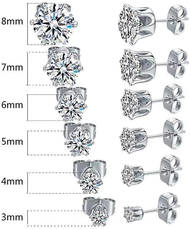 6 Pairs Stud Earrings Set,Hypoallergenic Cubic Zirconia 316L Earrings Stainless Steel CZ Earrings 3-8mm - Image 2