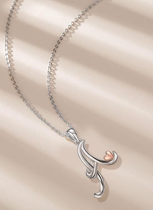 CELESTIA 925 Sterling Silver Initial Necklaces 26 Letter with Rose Gold Heart - 18 Inch Chain