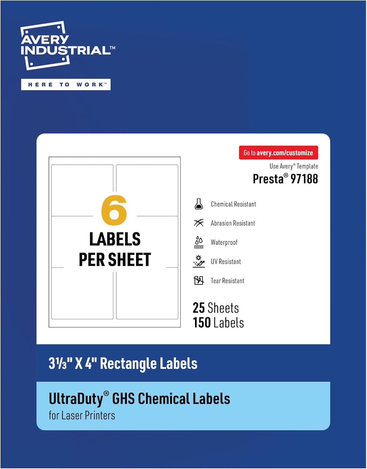 Avery UltraDuty GHS Labels, Waterproof, 3-1/3 X 4" White Rectangle Labels , 150 Total, Use with Laser Printers