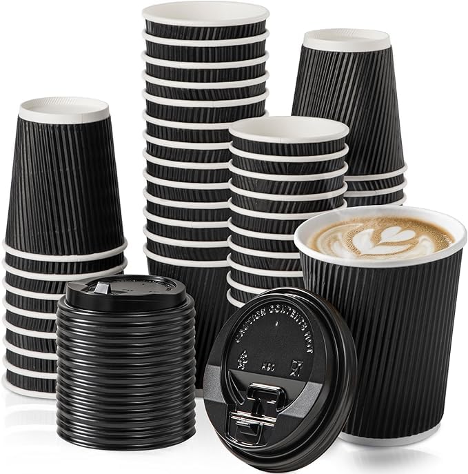 [240 ml, 50 Count] Heavy 480GSM | Food Grade Paper| Disposable Black Ripple Wall Paper Cups with Black lid | Recyclable Cold & Hot Cups | Use & Throw Party Glasses | Ideal for Tea & Coffee-image-45