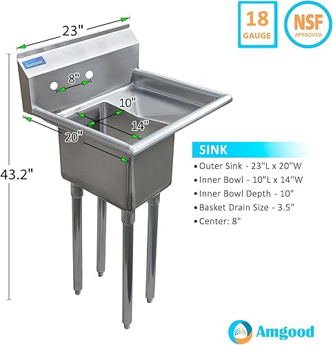 Vista 96 de AmGood Fregadero de acero inoxidable para preparación y utilidad Acero inoxidable 304 Restaurante, Cocina, Lavandería, Garaje NSF