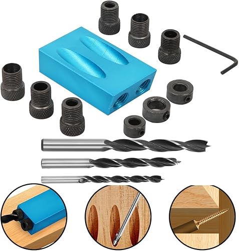 Miniatura 7 de 037BL - Kit de plantilla de agujero de bolsillo de 14 piezas, plantilla de agujero inclinado para carpintería de 15 grados con brocas de