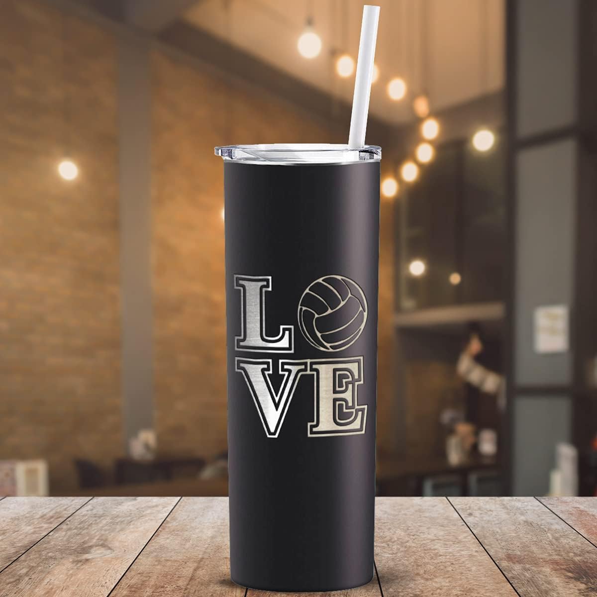 Cuptify Love Volleyball Laser Engraved Skinny Tumbler with Lid and Straw Black 20 oz Insulated Stainless Steel Volleyball Gift