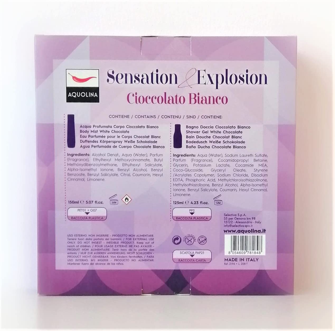 Aquolina Cofanetto Sensation&Explosion Cioccolato Bianco con Acqua Profumata Corpo 150 ml e Bagno Doccia 125 ml