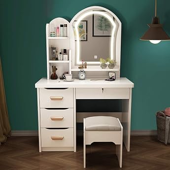 JOZZY Dressing Table Modern with Stool and LED Lights Mirror Makeup Desk with 4 Drawers and 3 Shelves Dressing Table for Girls Bedroom Niture B B