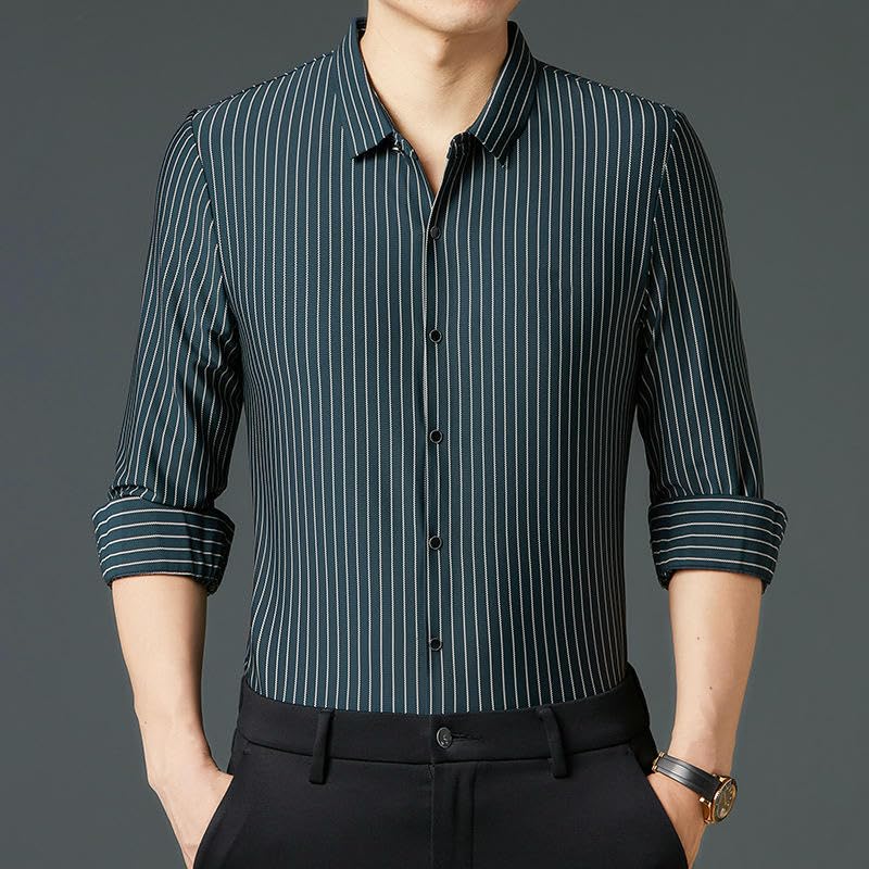 Camisa de rayas antiarrugas para hombre USTZFTBCL de corte slim 4