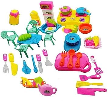 AKSHARAM AHAM Kids New Toy Kitchen Set for Girls with Cooking Utensils and Dining Table Chair Combo Items, Little Chef Realistic Miniature Chefs Pretend Play Role Play Home Game