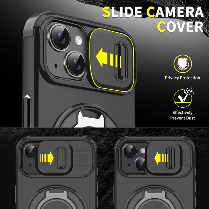 Image of LuxuryKase Shockproof Rugged Case for iPhone 14 Plus | Slide Camera Cover | 360 Rotating Ring Kickstand | Military-Grade Protection - Matte Black
