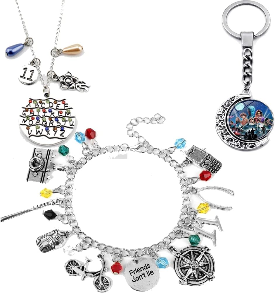 3PCS Stranger Themed Charm Bracelet&Necklace&Keychain Set