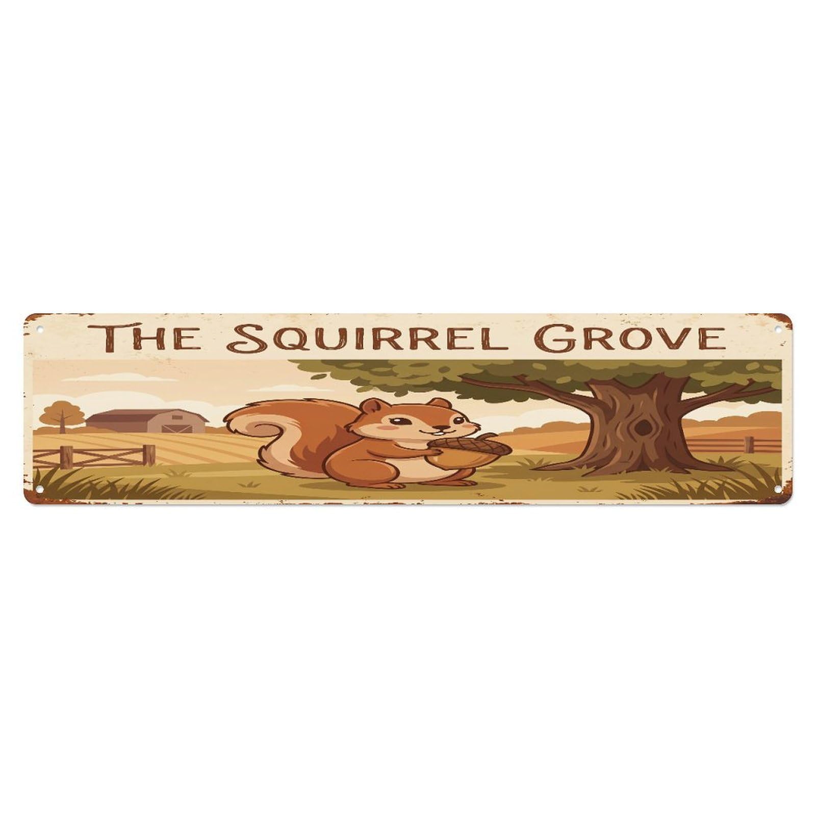 Metal Tin Sign Vintage Squirrel Farm Scene The Squirrel Grove