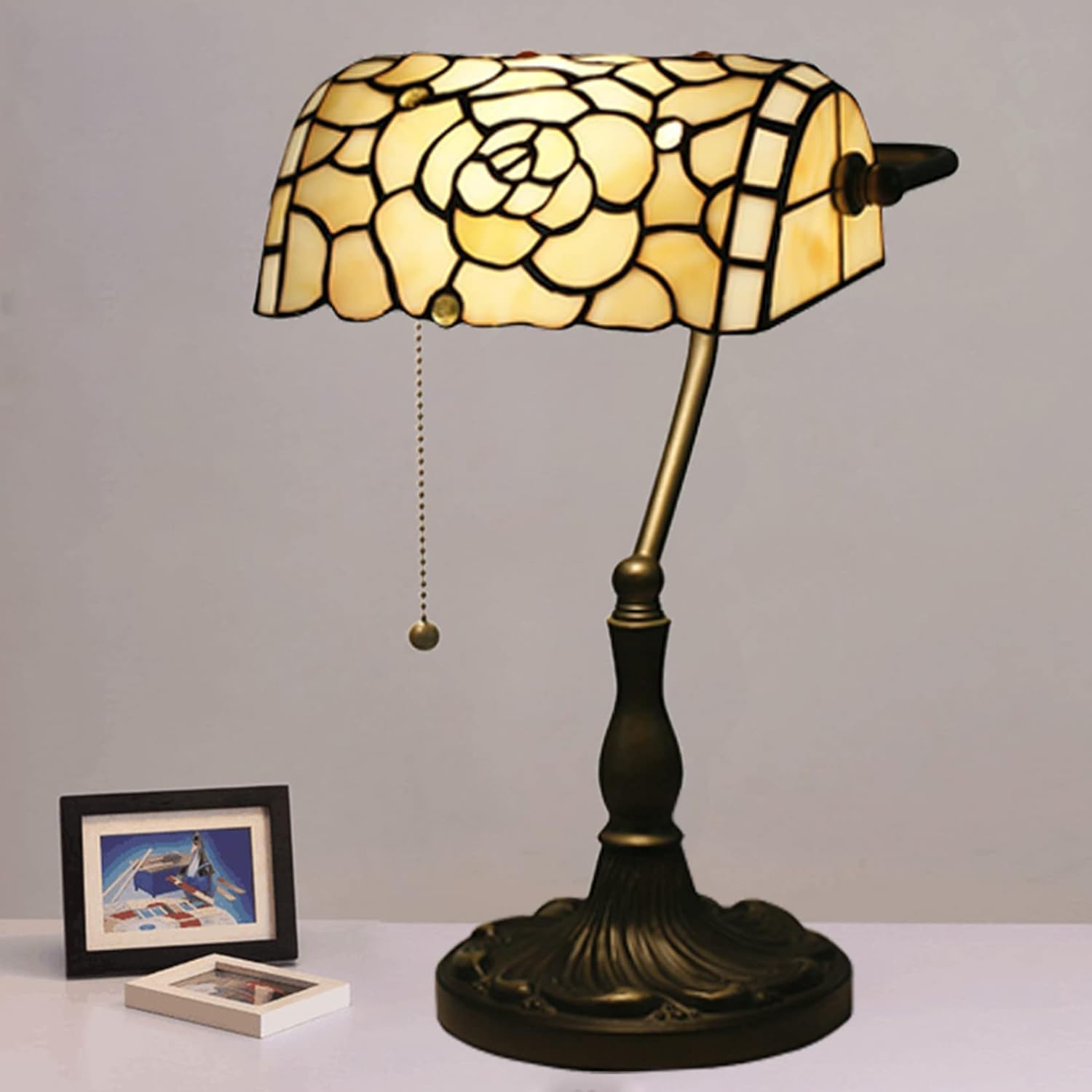 Lampa bankierska w stylu Tiffany'ego lampa na biurko czerwona różowa róża koliber witraż lampa stołowa 15 "wysoka luksusowa regulowana lampa fortepianowa dla kochanka dziewczyna pani salon sypialnia,