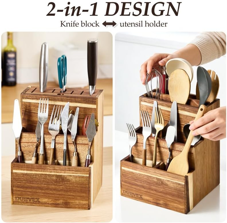 Acacia Wood Knife Block with 8 Slots – Kitchen Organizer – Solid Acacia Wood for Knives, Cutlery & Utensils – Large Capacity for Home Kitchens.