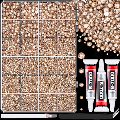Image of 25000Pcs Resin Rhinestones with Tweezers for Crafting, Champagne 2-6mm Mixed Sizes Bedazzling Crystal with 3Pcs 10ml B7000 Jewelry Glue for DIY Crafts Clothing Tumblers Shoes Fabric Nail Art