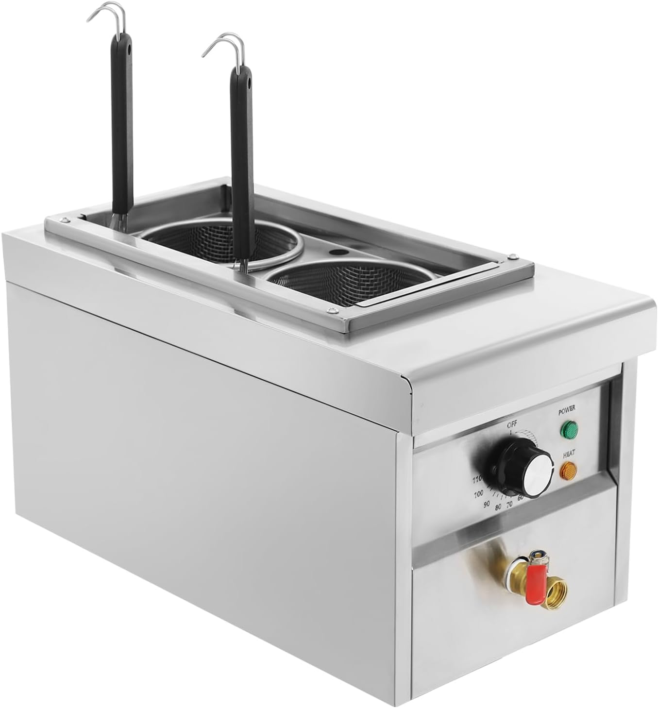 2.5KW Stainless Steel Electric Pasta Cooker, 2-Hole Commercial Noodles Boiler with Knob Temperature Control 122-230℉， 9L Capacity for Restaurants, Buffets & Home Use